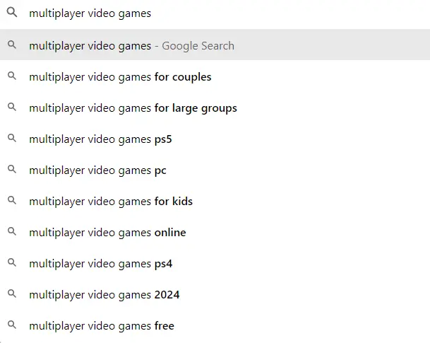 Google search autocomplete suggestions for "multiplayer video games," displaying related queries such as games for couples, large groups, kids, PS5, PC, and online options