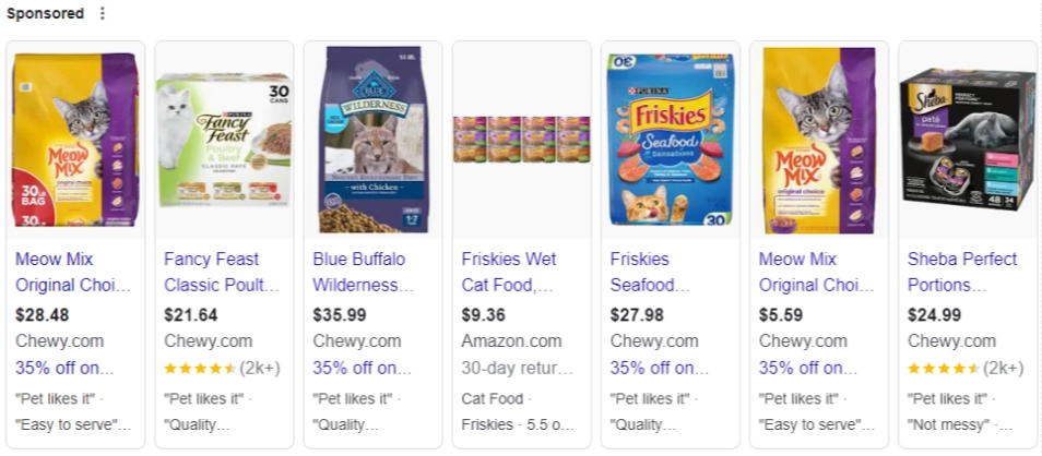 Sponsored product carousel displaying various cat food brands like Meow Mix, Fancy Feast, Friskies, and Sheba, illustrating digital marketing and e-commerce advertising.