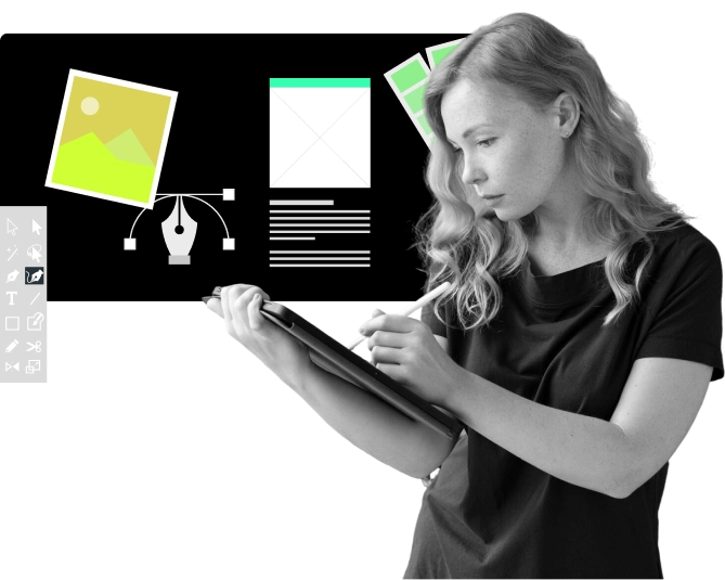 Creative designer developing brand visuals and digital assets on tablet