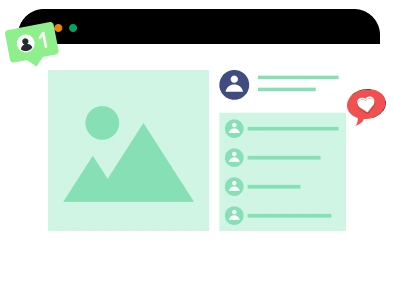 Social media content dashboard with posts and engagement icons