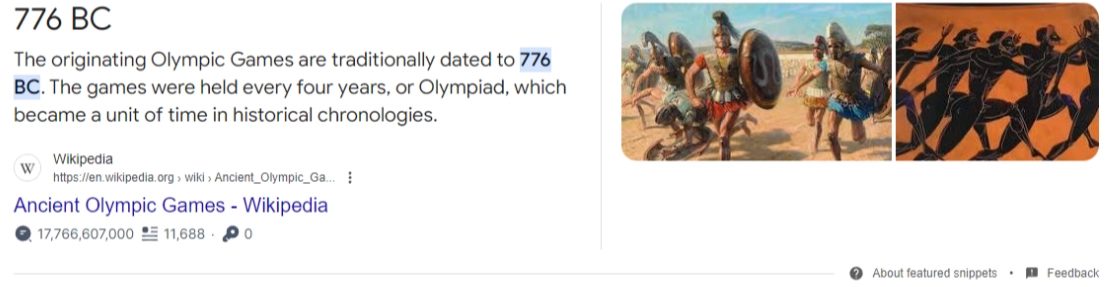 Example of a featured snippet on Olympic history used in digital marketing analysis – DEMA Google featured snippet highlighting the origin of the Olympic Games in 776 BC with a Wikipedia link and historical illustrations of ancient warriors and athletes.
