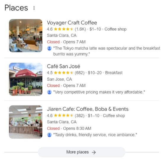 Digital marketing example of local SEO listings for coffee shops – DEMA Google local search results for coffee shops in Santa Clara and San Jose, featuring Voyager Craft Coffee, Café San José, and Jiaren Cafe with user reviews and ratings.