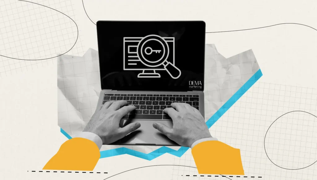 Illustration of keyword research on a laptop screen with hands typing, representing the concept of long-tail vs short-tail keywords for SEO by DEMA Marketing.